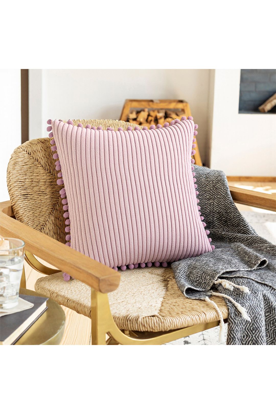 Living and Home Polyester Cushion Cover with Pom-Pom Trim image 1