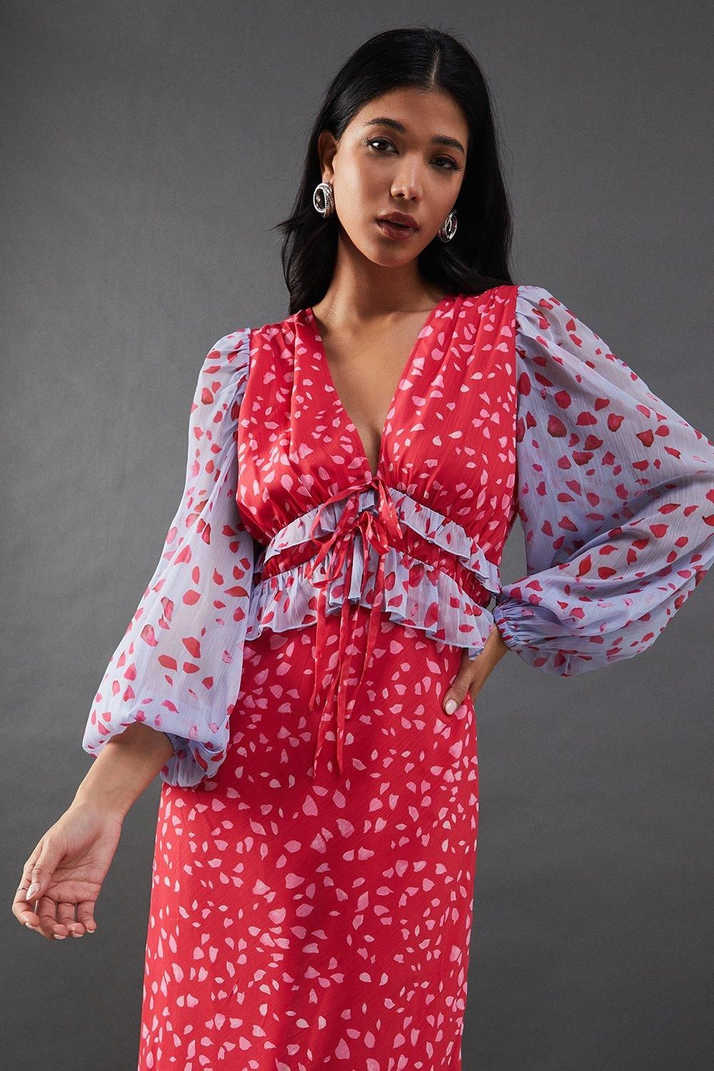 Warehouse Mixed Chiffon Ruffle Midi Tea Dress Red image 4