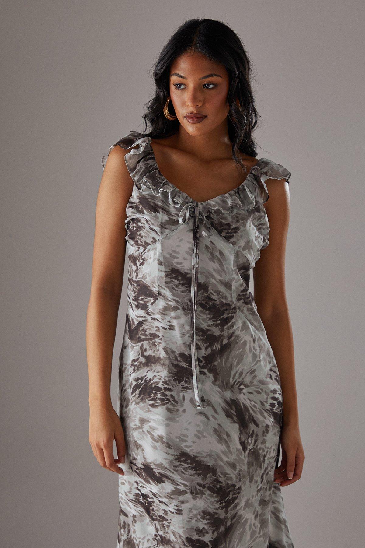 Warehouse Chiffon Ruffle Double layer Midi Dress Multi image 2