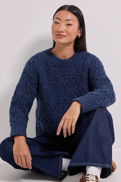 Dorothy Perkins Petite Cable Pointelle Crew Neck Jumper Navy