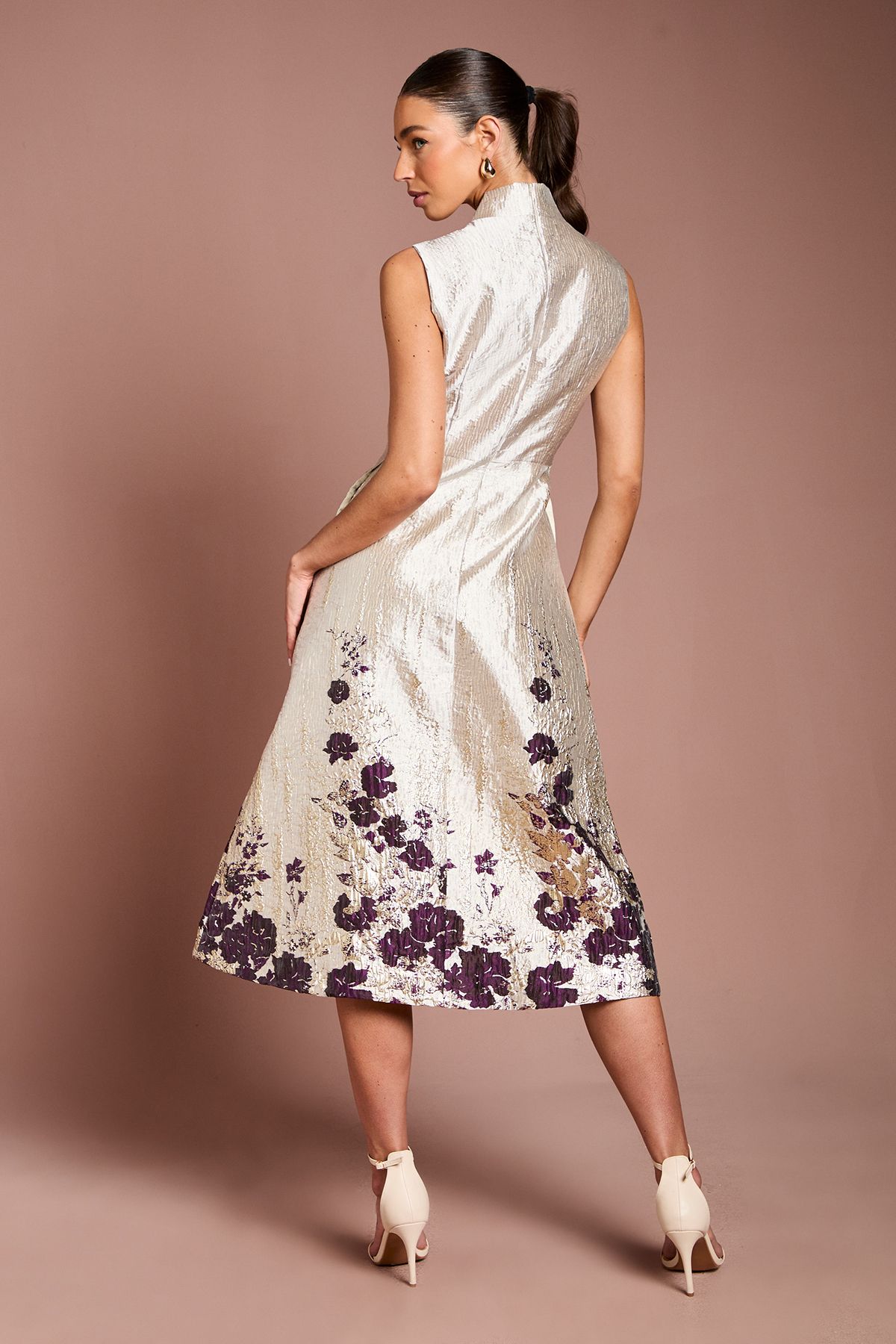 Coast Notch Neck Floral Border Print Jacquard Midi Dress Champagne image 3