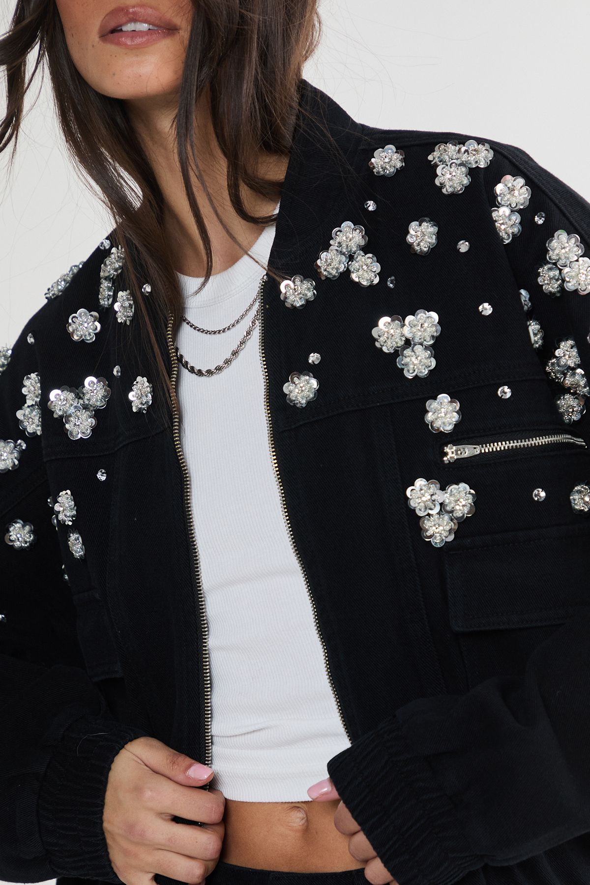 NastyGal Limited Embellished Flower Applique Jacket Washed Black image 5