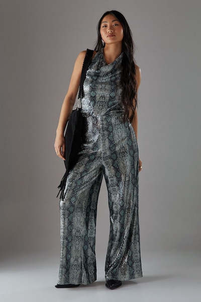 Warehouse Petite Snake Sequin Cowl Neck Drop Waist Jumpsuit Green