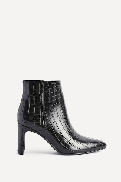 Linzi Alisha Black Faux Croc Leather Heeled Ankle Boot