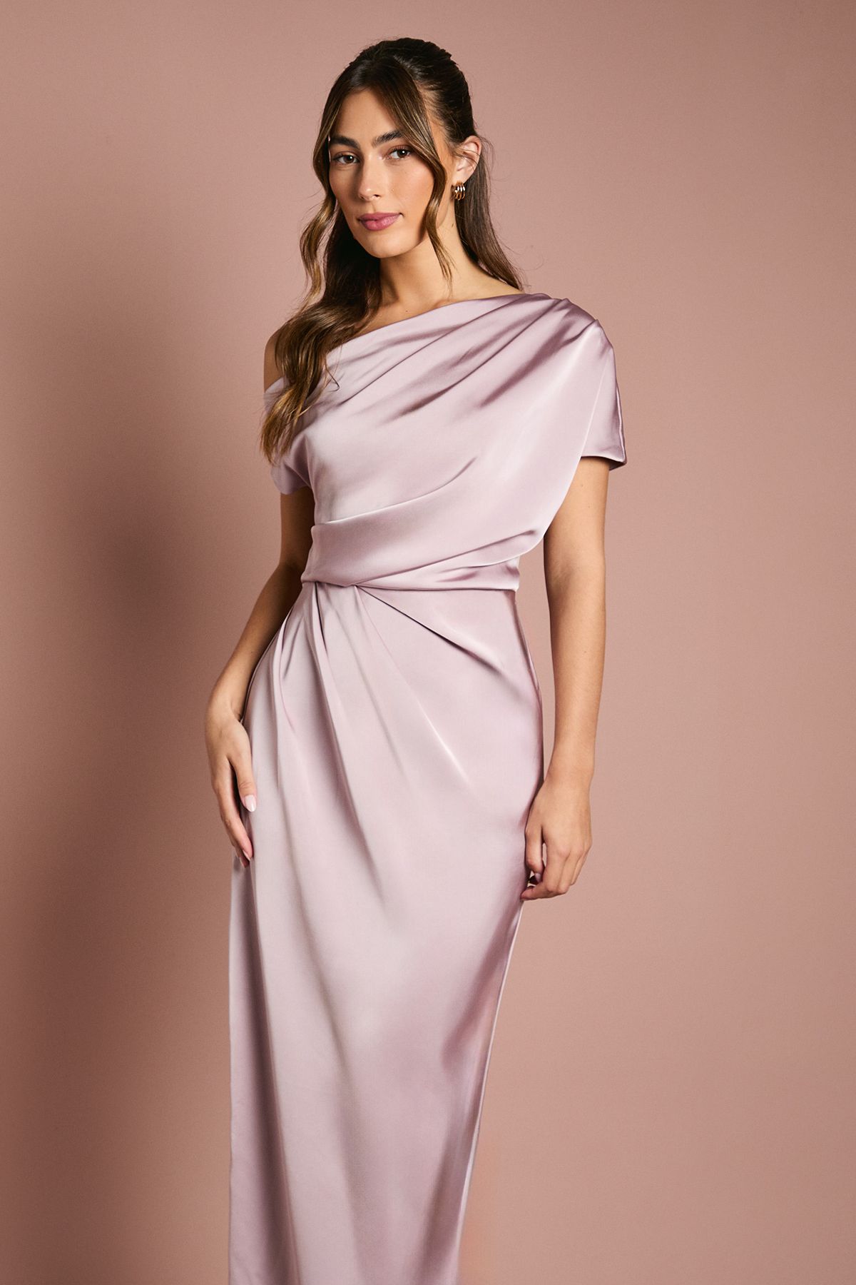 Coast Satin Ruched Detail Off The Shoulder Maxi Bridesmaid Dress Blush image 2