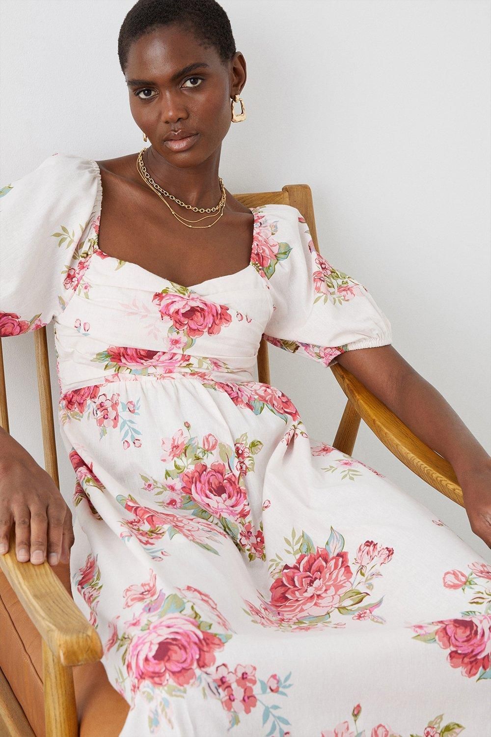 Dorothy Perkins Large Floral Cross Over Detail Midi Dress Ivory image 2