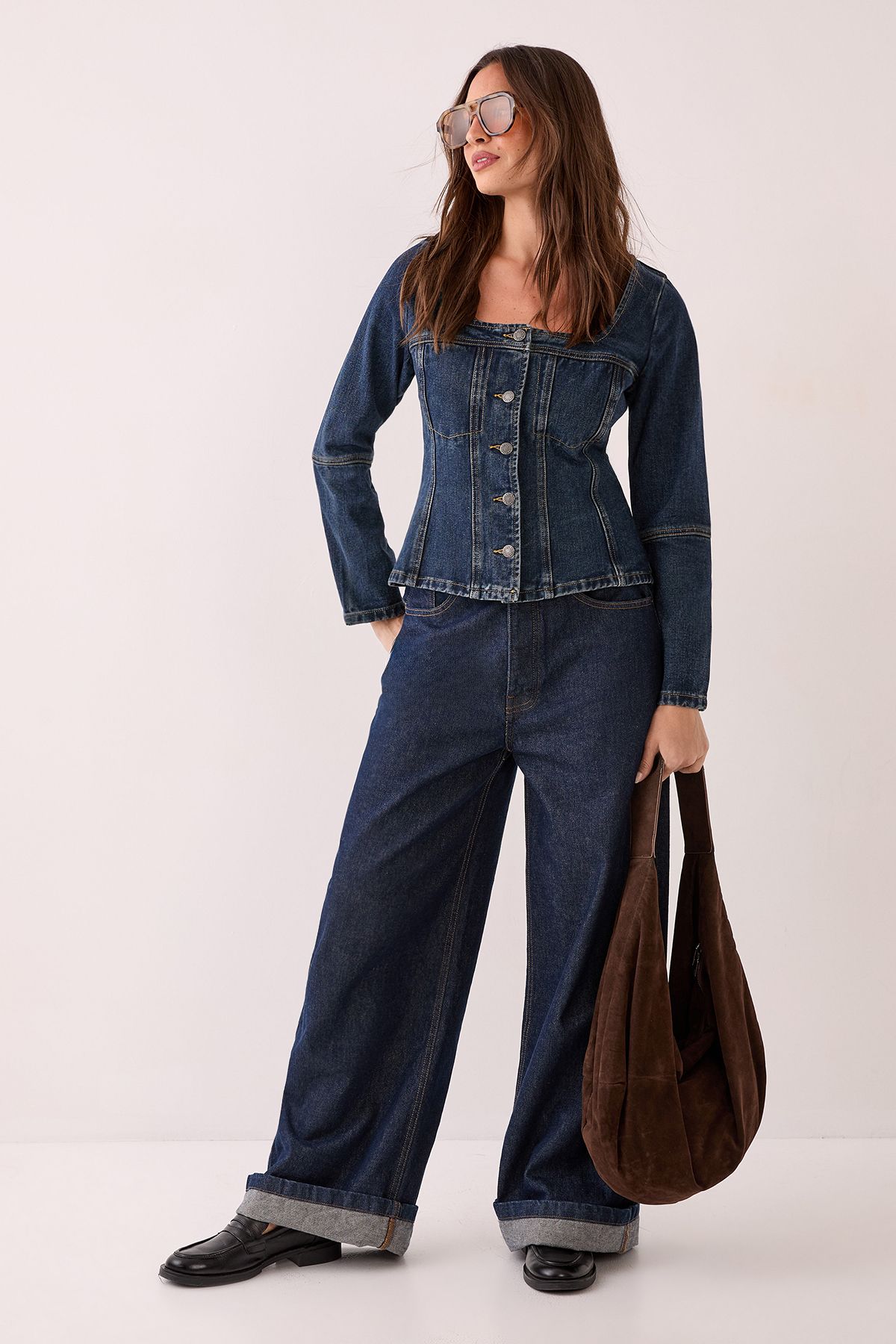 NastyGal Button Through Corset Long Sleeve Denim Top Dark Indigo image 2