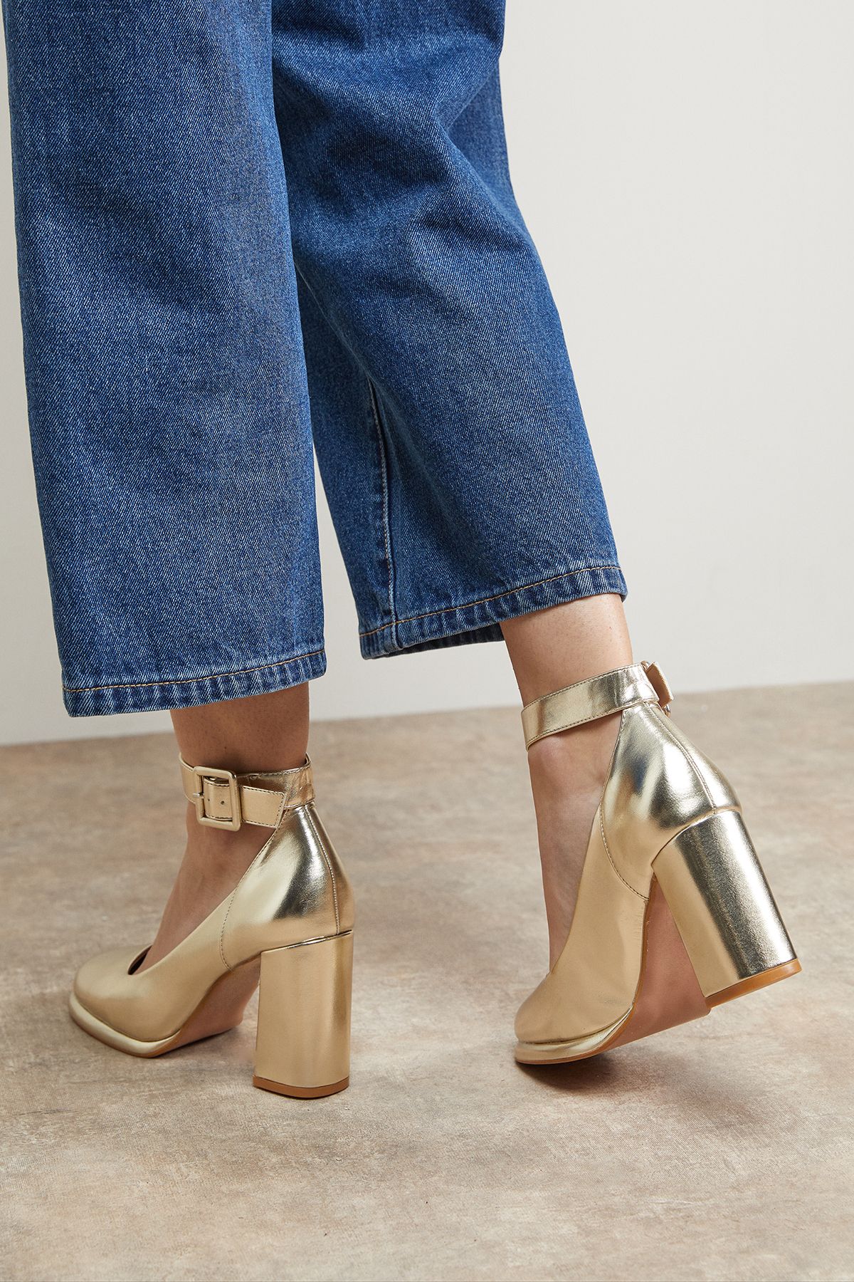 Oasis Celine Faux Leather Covered Buckle High Block Heel Platform Court Shoes Gold image 3