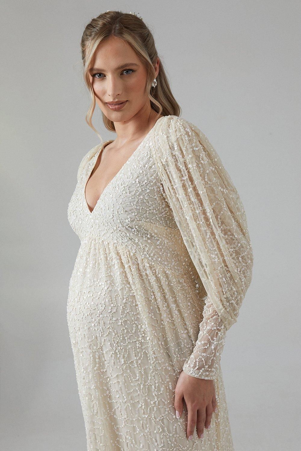 Coast Maternity Cowl Back Long Sleeve Embellished Wedding Dress Ecru image 4