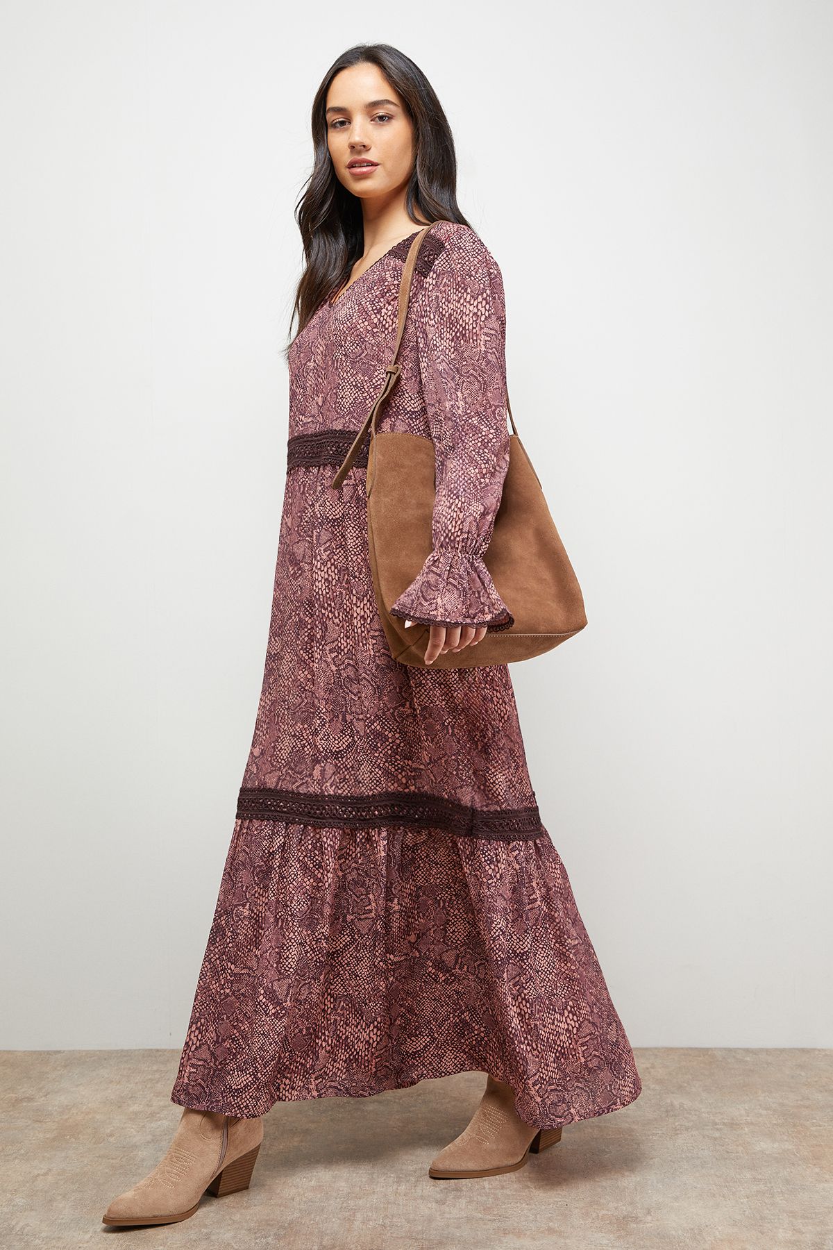 Oasis Printed lace Detail Chiffon V Neck Midaxi Dress Multi image 1