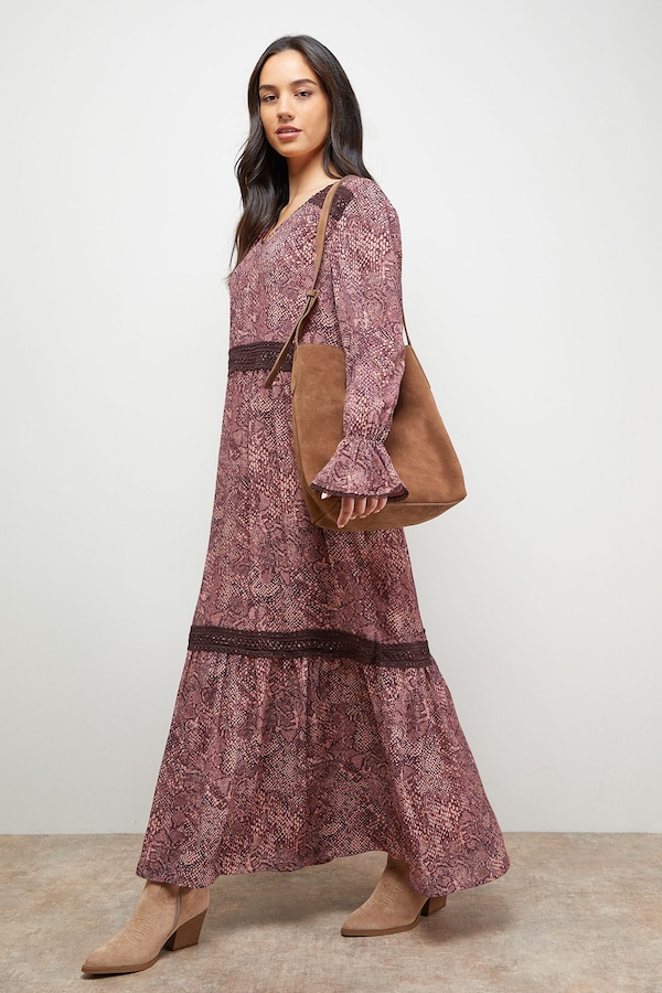 Oasis Printed lace Detail Chiffon V Neck Midaxi Dress Multi