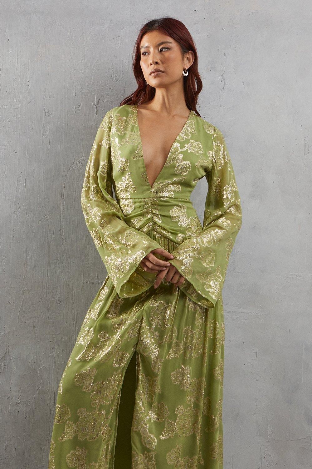 Warehouse Metallic V Plunge Maxi Dress Lime image 2