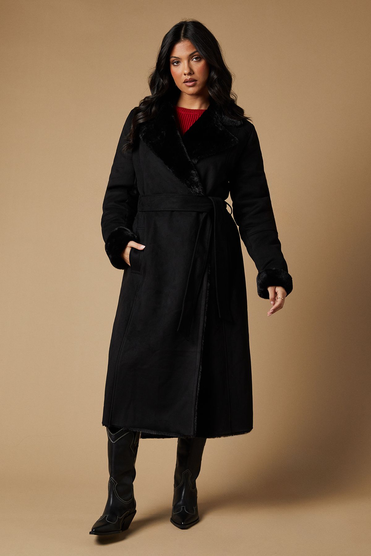 Oasis Fur Lined Belted Suedette Coat Black image 2