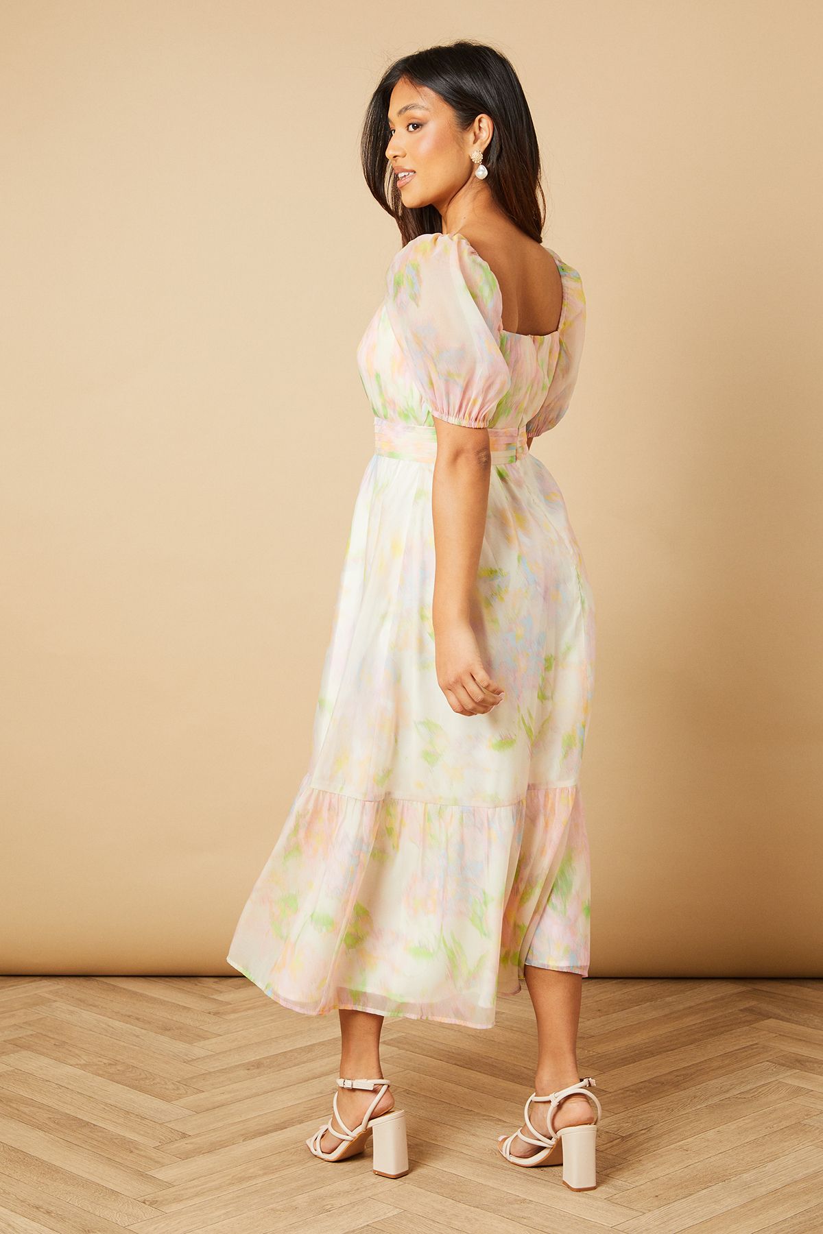 Oasis Petite Ruched Bust Organza Tiered Midi Dress Blush image 5