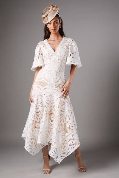 Coast Placement Lace Hanky Hem Dress Off White