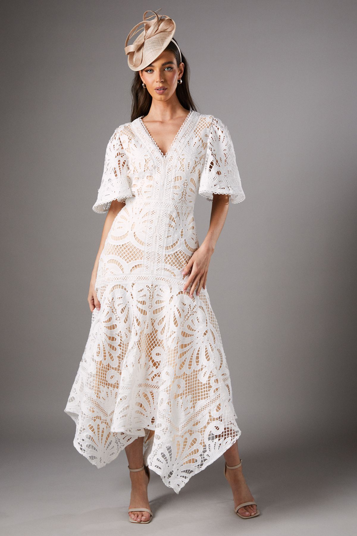 Coast Placement Lace Hanky Hem Dress Off White image 1