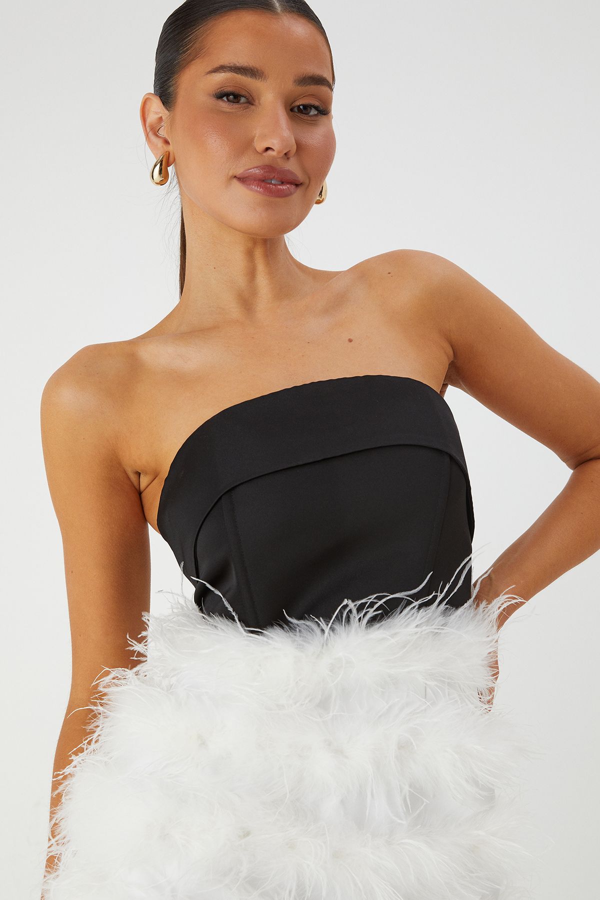 MissPap Bandeau Satin Feather Mini Dress Black image 4