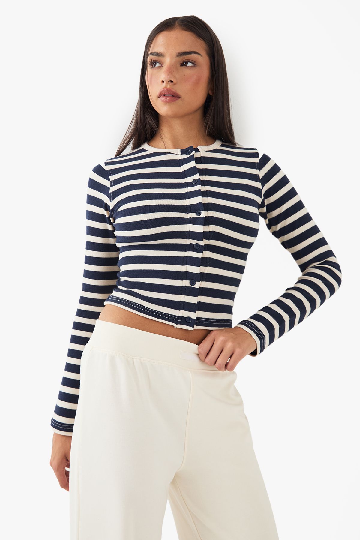 DSGN Studio DSGN Studio Stripe Button Detail Long Sleeve Top Navy image 3