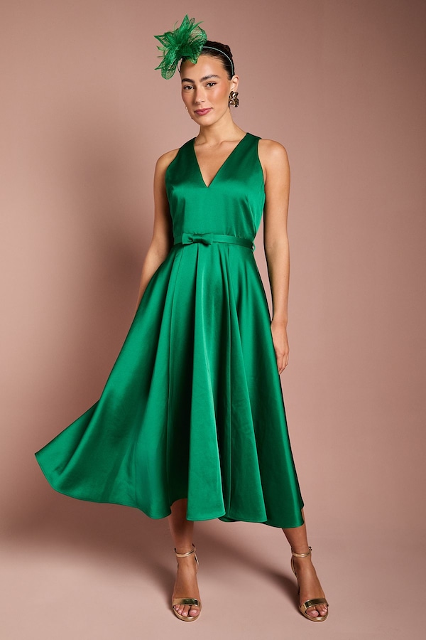 Coast Bow Trim V Neck Volume Skirt Midi Dress Emerald