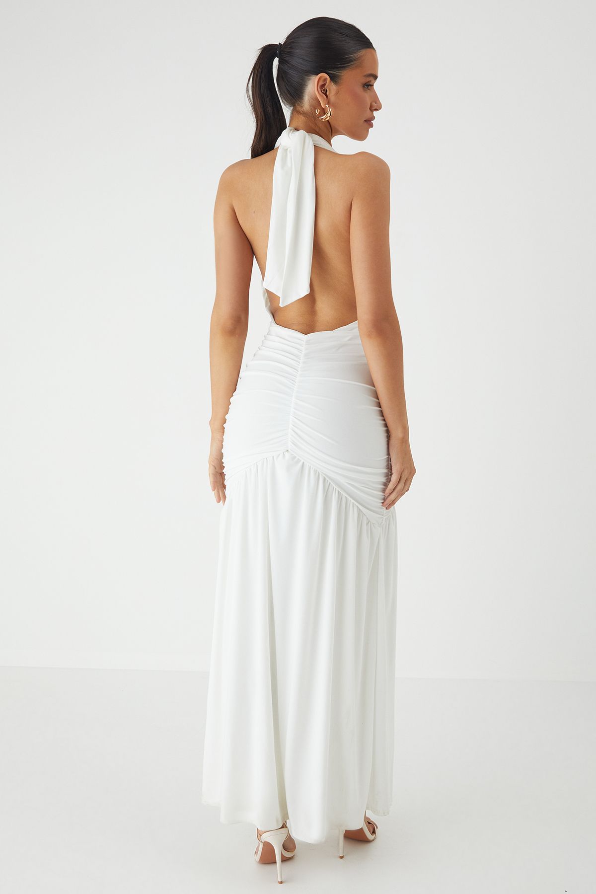 MissPap Halter Neck Plunge Ruched High Split Maxi Dress White image 3