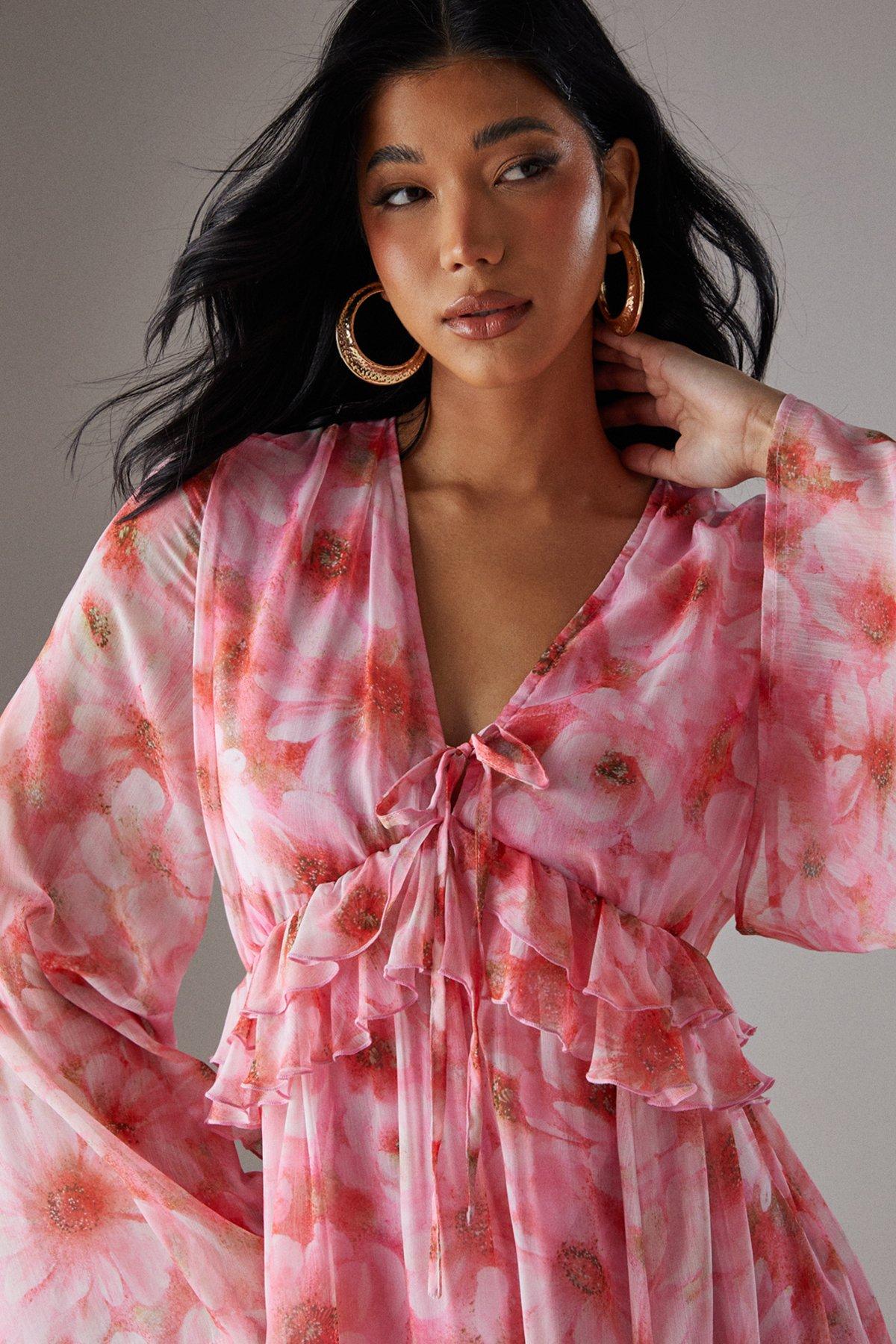 Warehouse Ruffled Plunge Neck Midi Dress Pink image 2