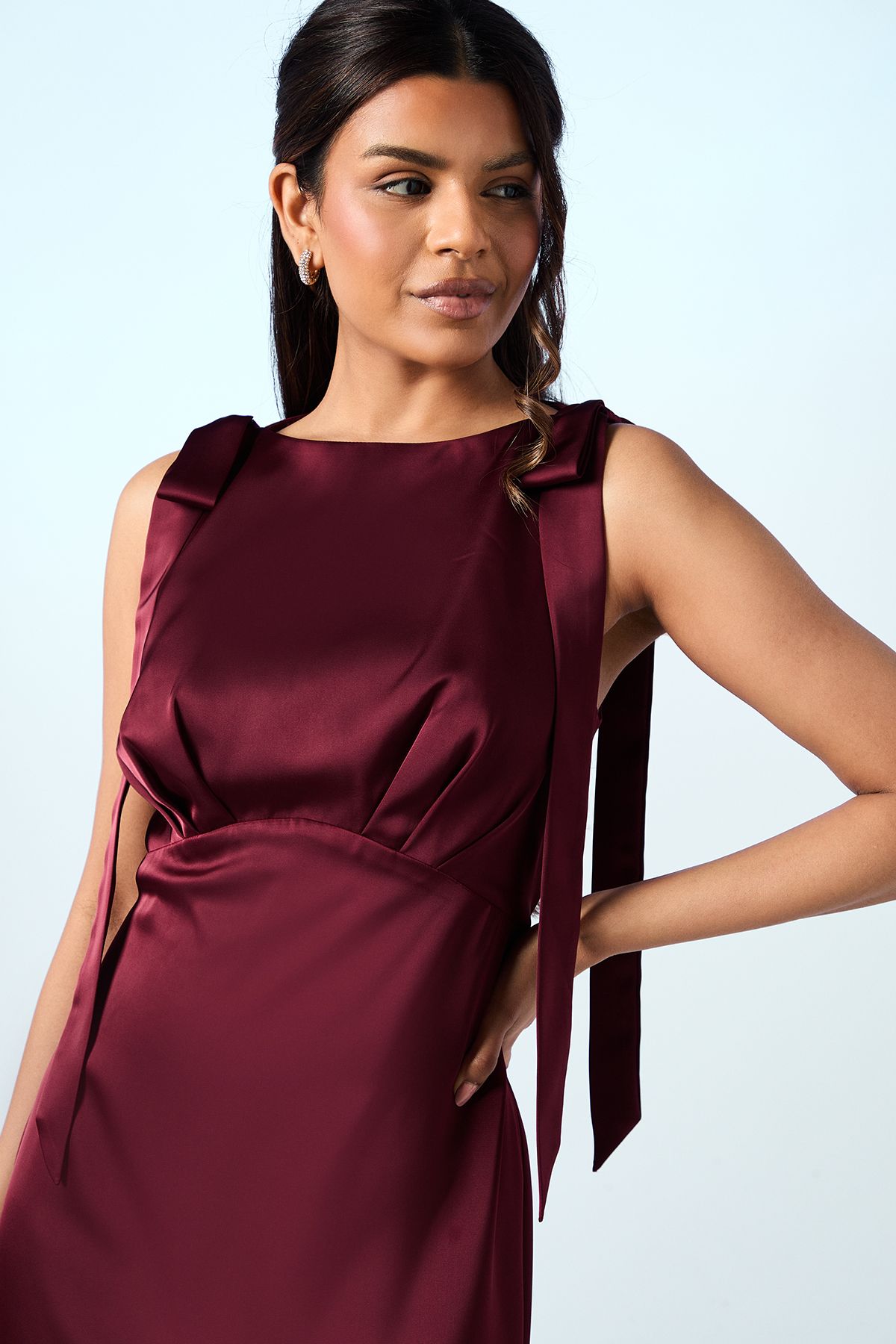 Coast Coast Honoured Petite Sleeveless High Neck Tie Shoulder Satin Maxi Bridesmaid Dress Malbec image 3