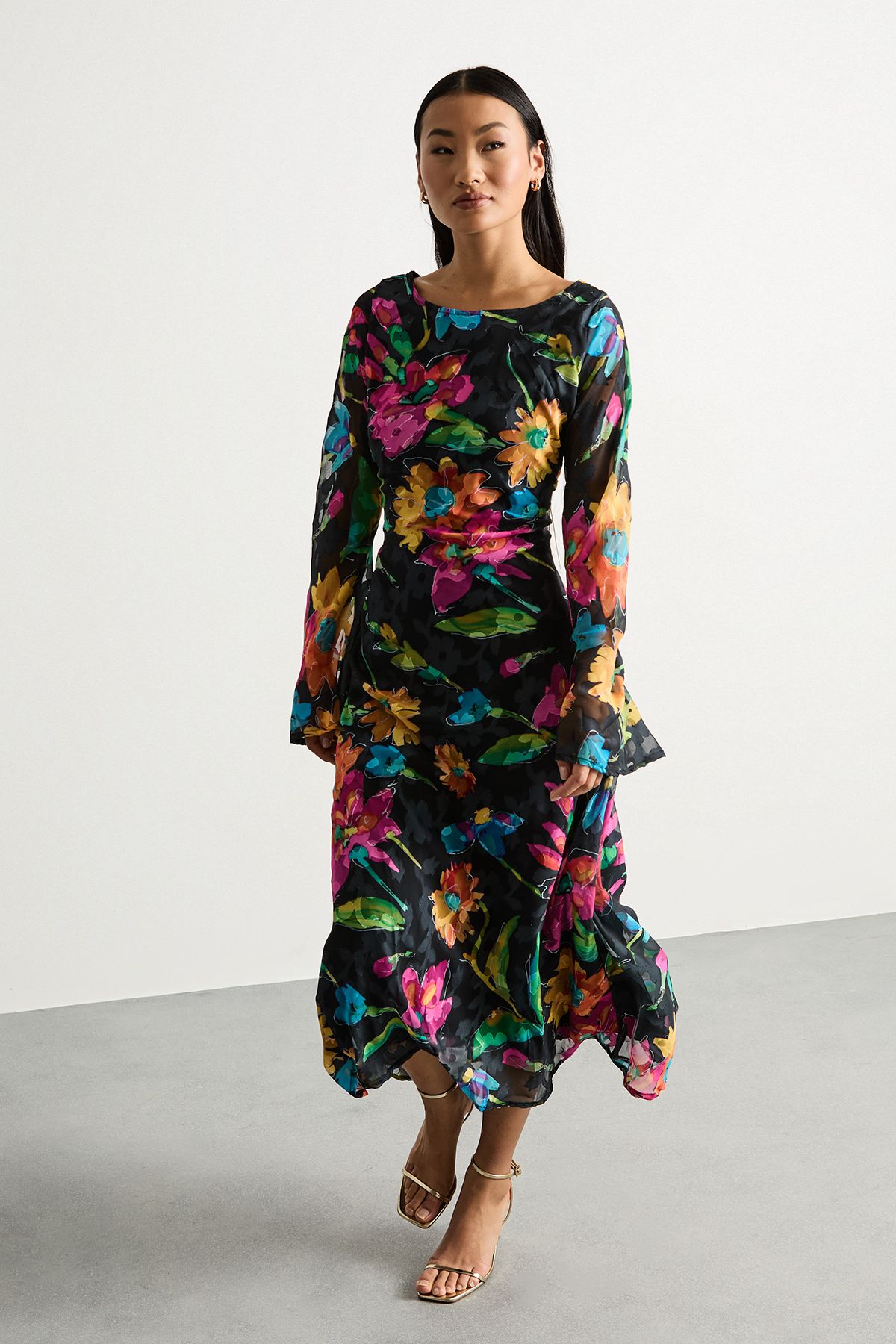 Warehouse Petite Burnout Floral Chiffon Slash Neck Bias Midi Dress Black image 1