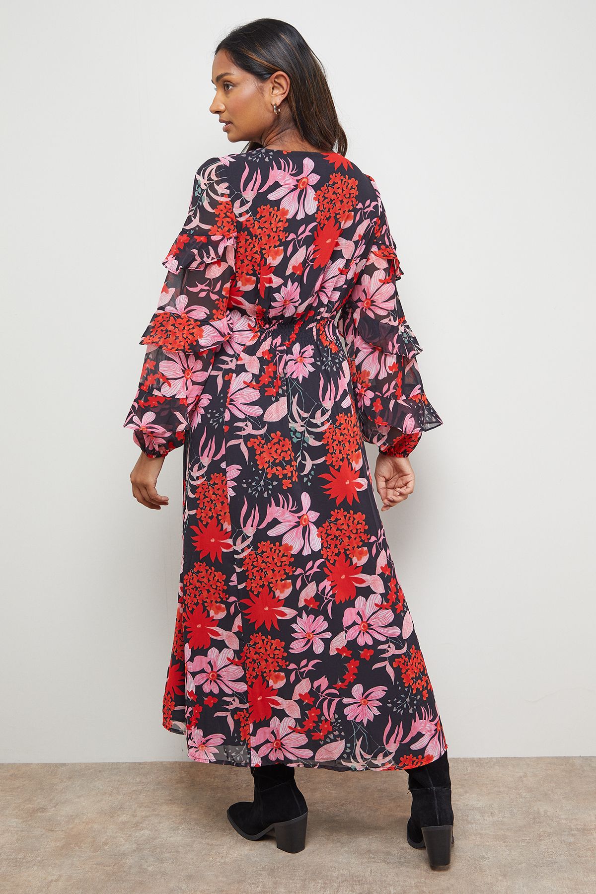 Oasis Printed Lace Detail Frill Sleeve Midi Dress Floral image 3