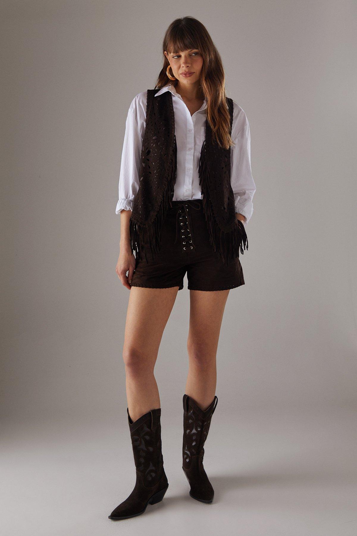 Warehouse Real Suede Fringed Waistcoat Chocolate image 2