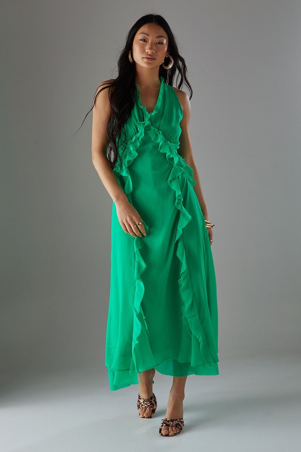 Warehouse Petite Premium Raw Edge Ruffle Detail Slip Dress Bright Green