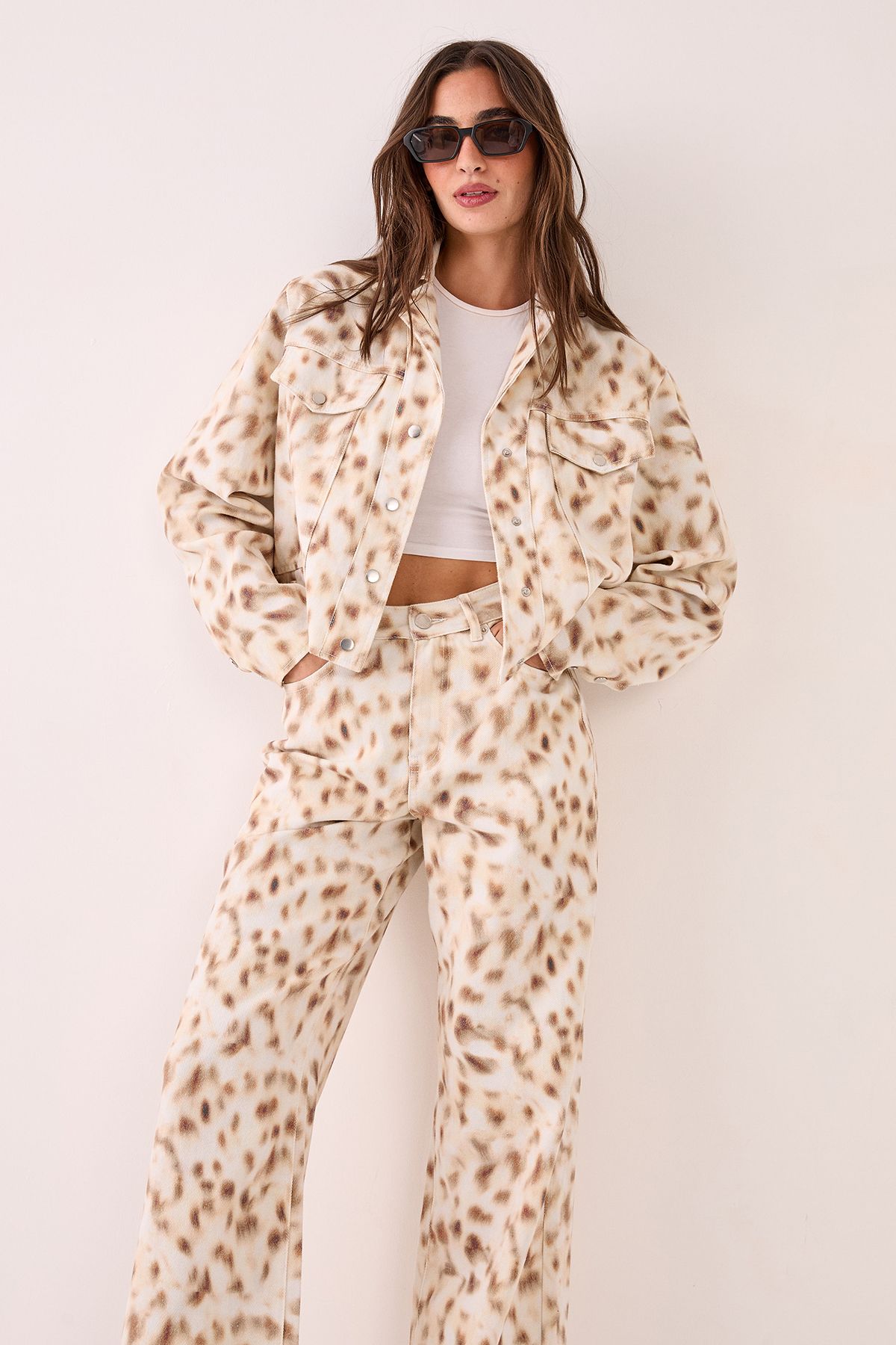 NastyGal Deer Print Denim Barrel Leg Jean Cream image 3