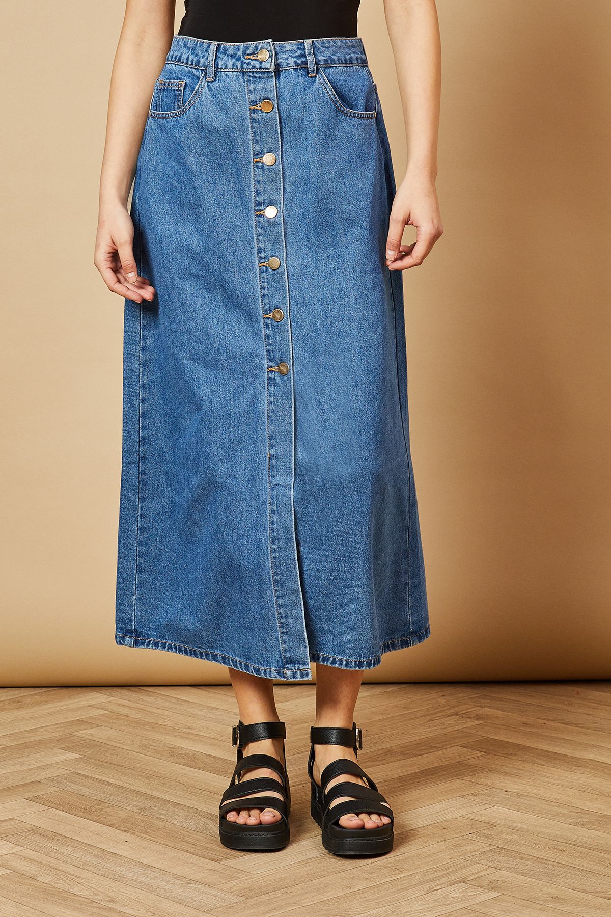 Oasis Denim Button Through Midi Skirt Mid Wash image 1