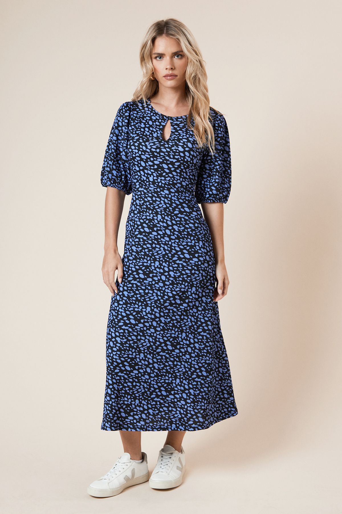 Dorothy Perkins Petite Puff Sleeve Blue Spot Keyhole Midi Dress Blue