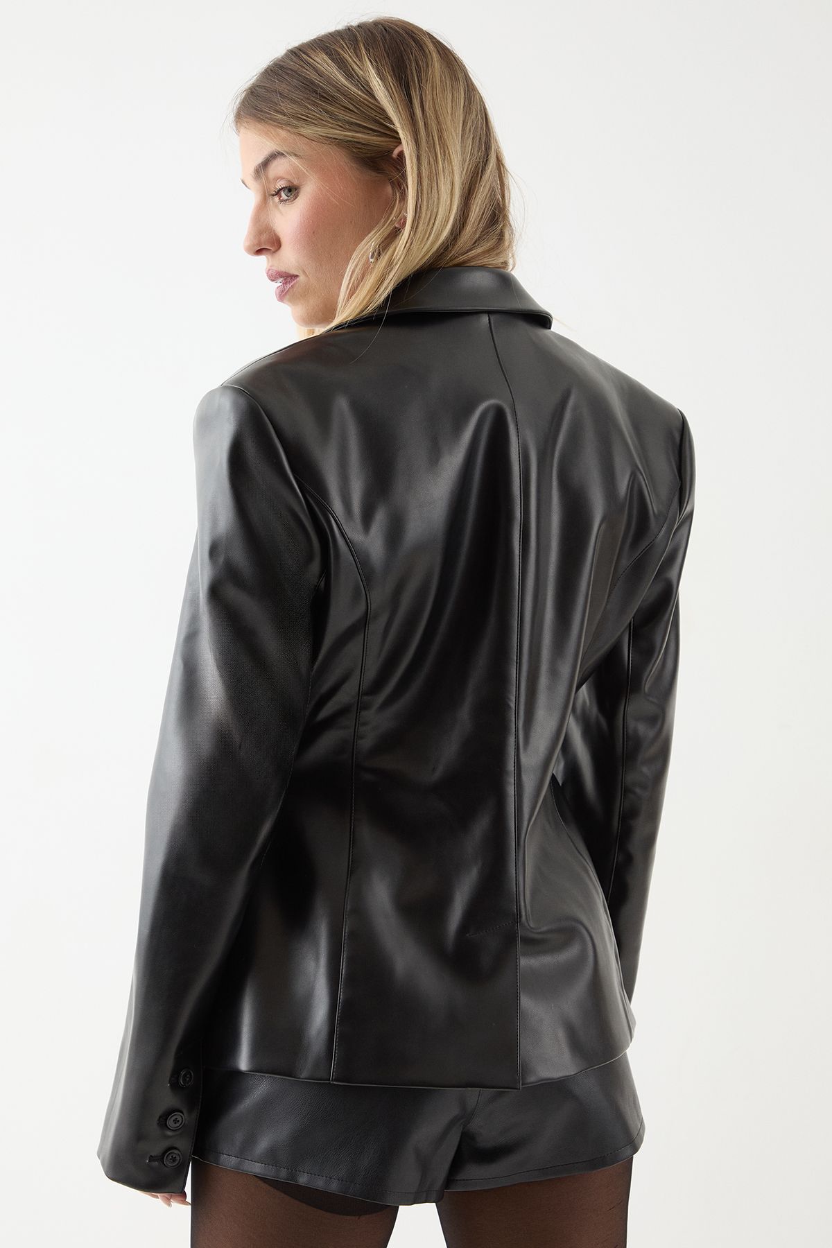 MissPap Faux Leather Moulded Waist Blazer Black image 3