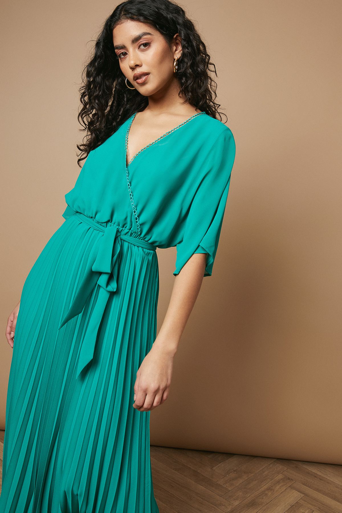 Oasis Petite Occasion Kimono Sleeve Pleated Midi Dress Teal image 2