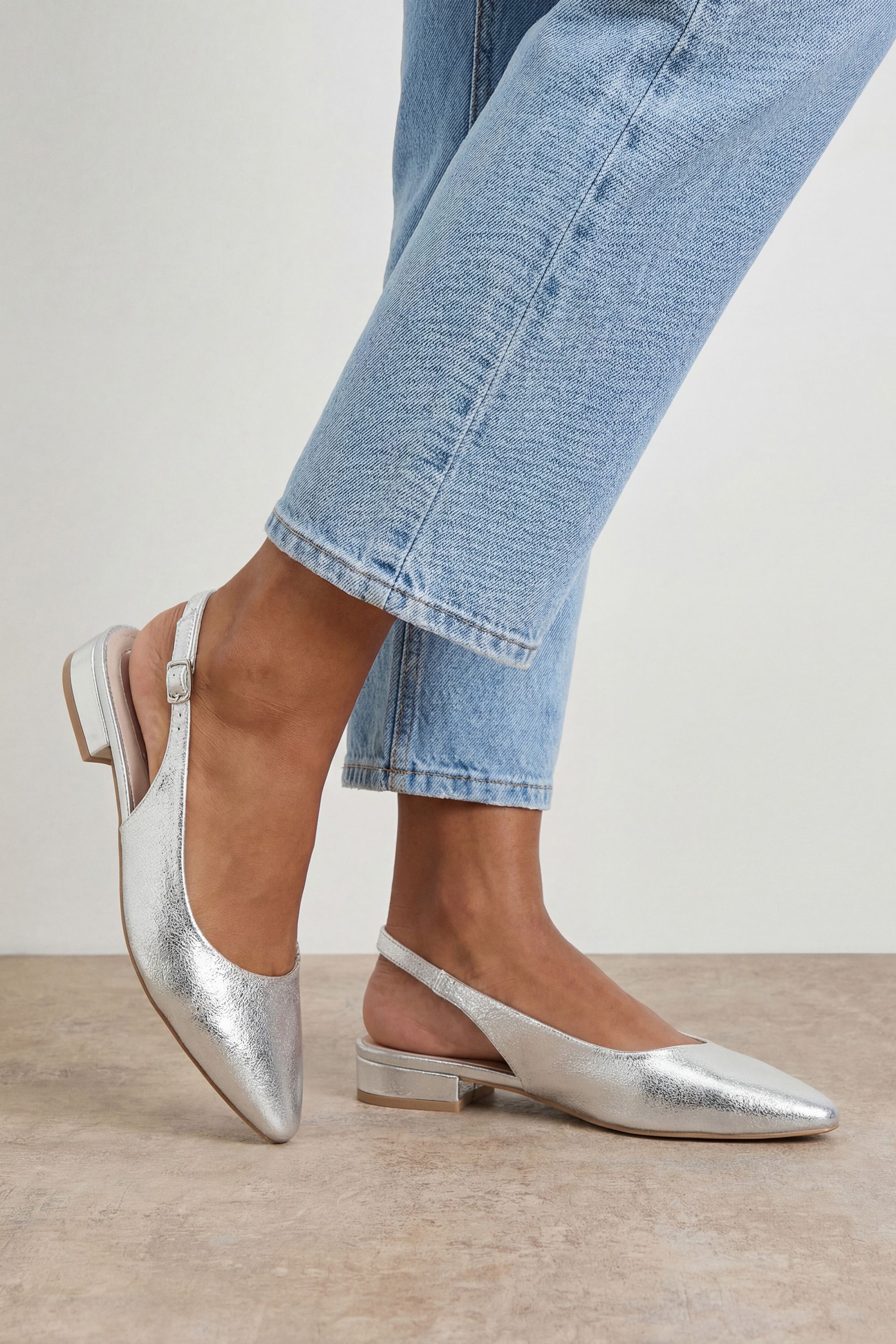 Oasis Millie Faux Metallic Leather Slingback Flat Shoes Silver