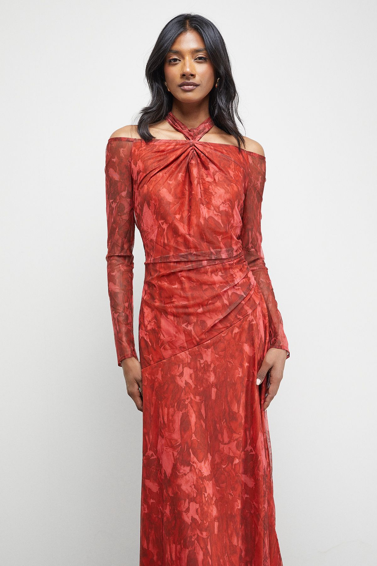 Warehouse Print Twist Mesh Midi Dress Red image 4