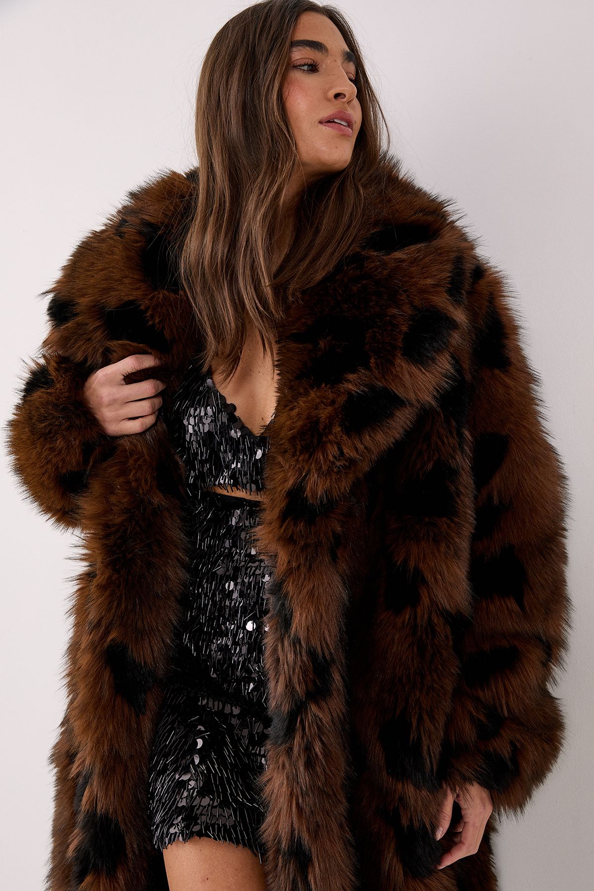 NastyGal Premium Textured Collared Faux Fur Longline Coat Brown image 2