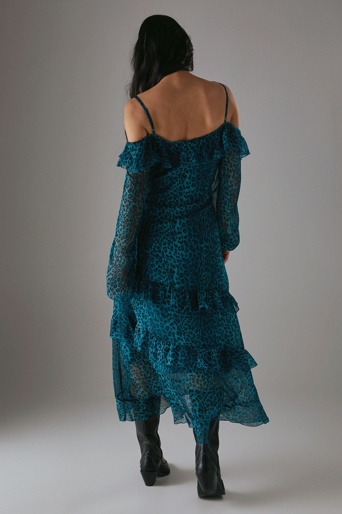 Warehouse Petite Chiffon Ruffle Cold Shoulder Midi Dress Leopard image 3