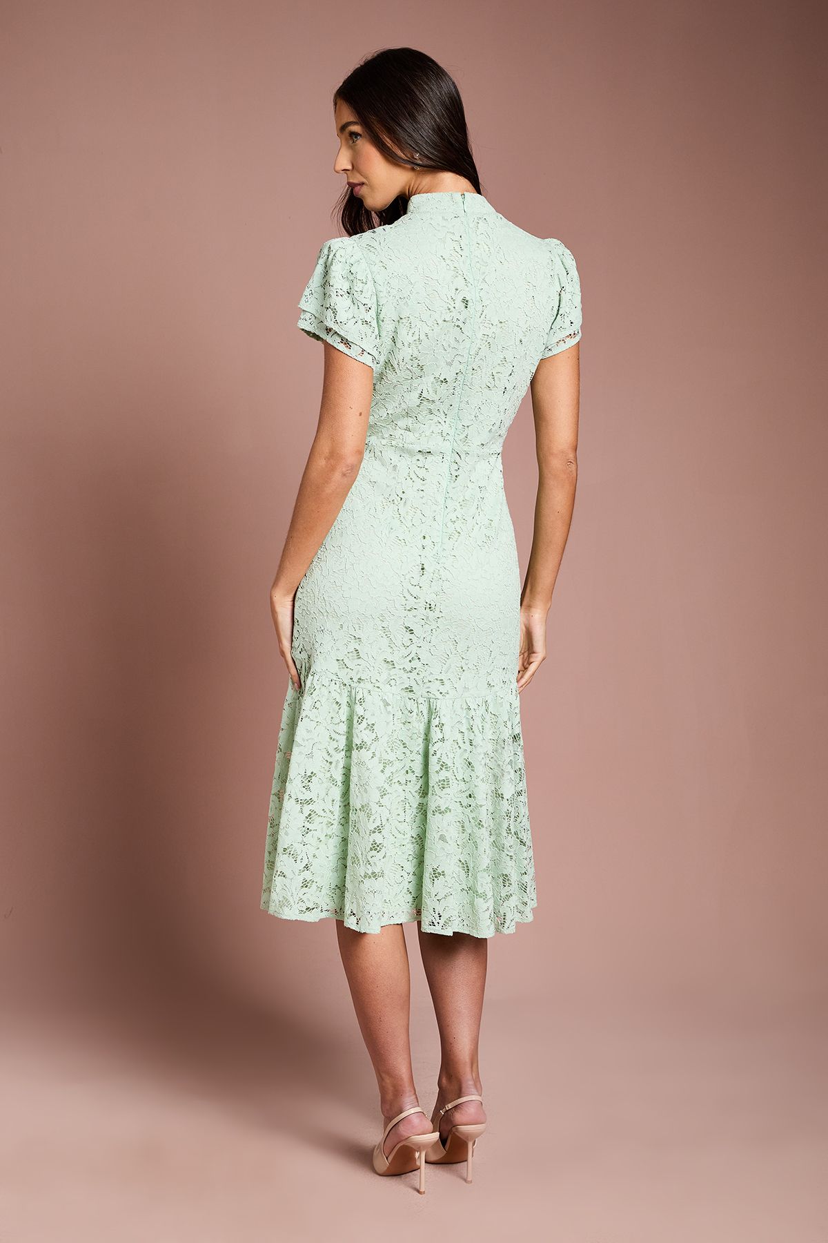 Coast Lace Frill Sleeve High Neck Midi Sage image 3