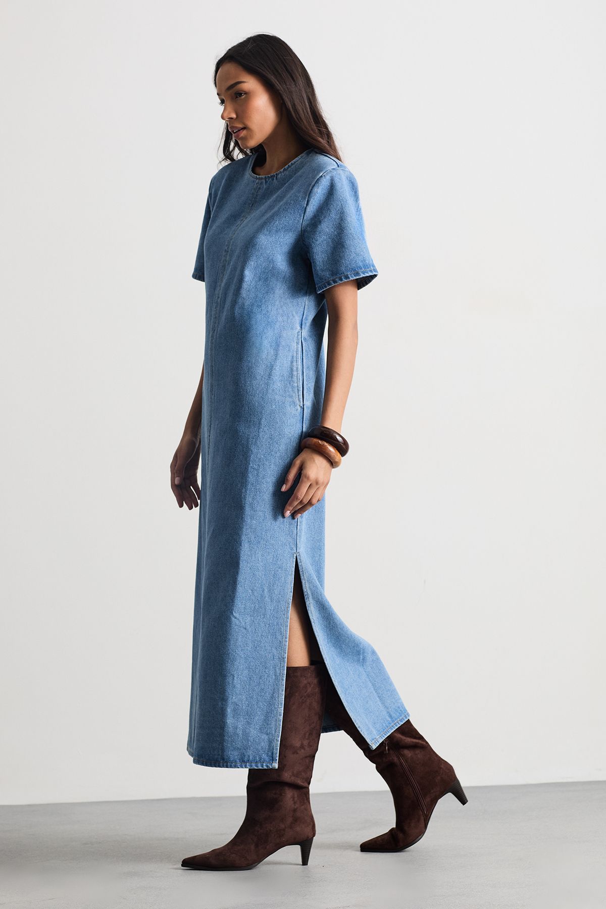 Warehouse Denim Side Split Midi Dress Mid Wash