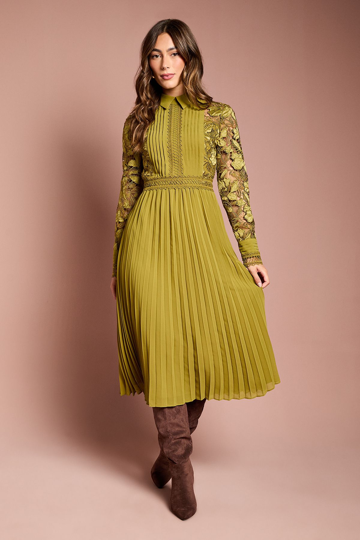 Coast Long Sleeve Lace and Pleated Midi Shirt Dress Olive image 1