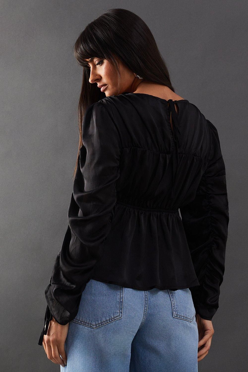 Warehouse Crinkle Satin Tie Front Volume Sleeve Blouse Black image 3