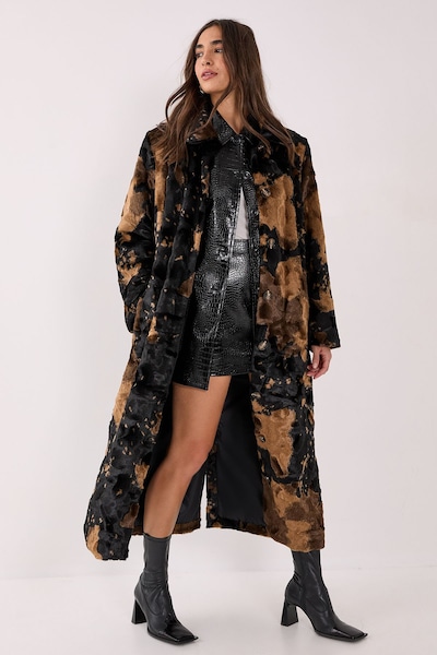 NastyGal Cow Print Faux Fur Longline Coat Brown