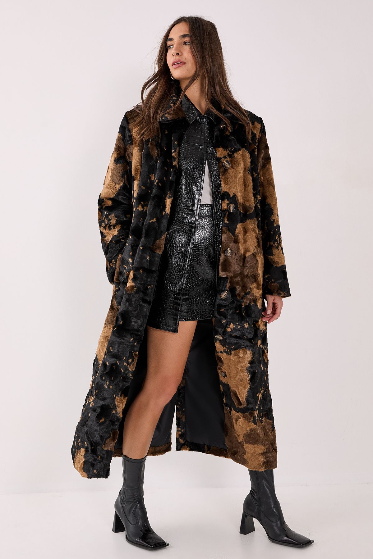 NastyGal Cow Print Faux Fur Longline Coat Brown image 1
