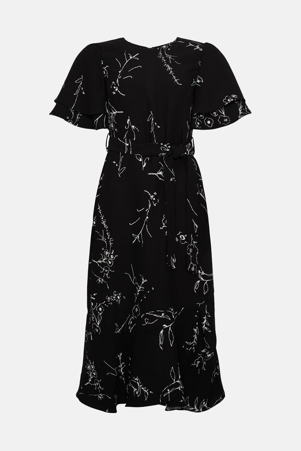 Oasis Petite Mono Floral Printed Frill Detail Belted Midi Dress Black image 4