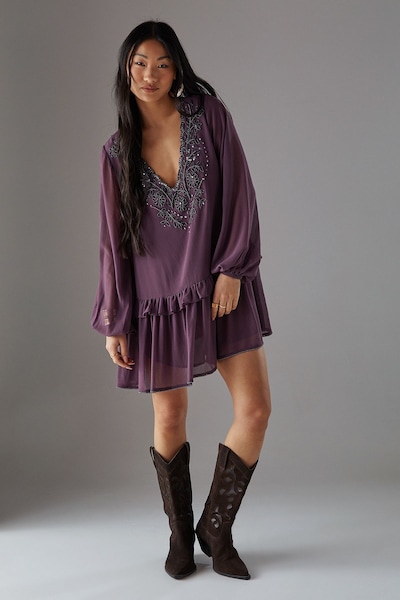 Warehouse Petite Hand Embellished Chiffon Mini Smock Dress Mauve