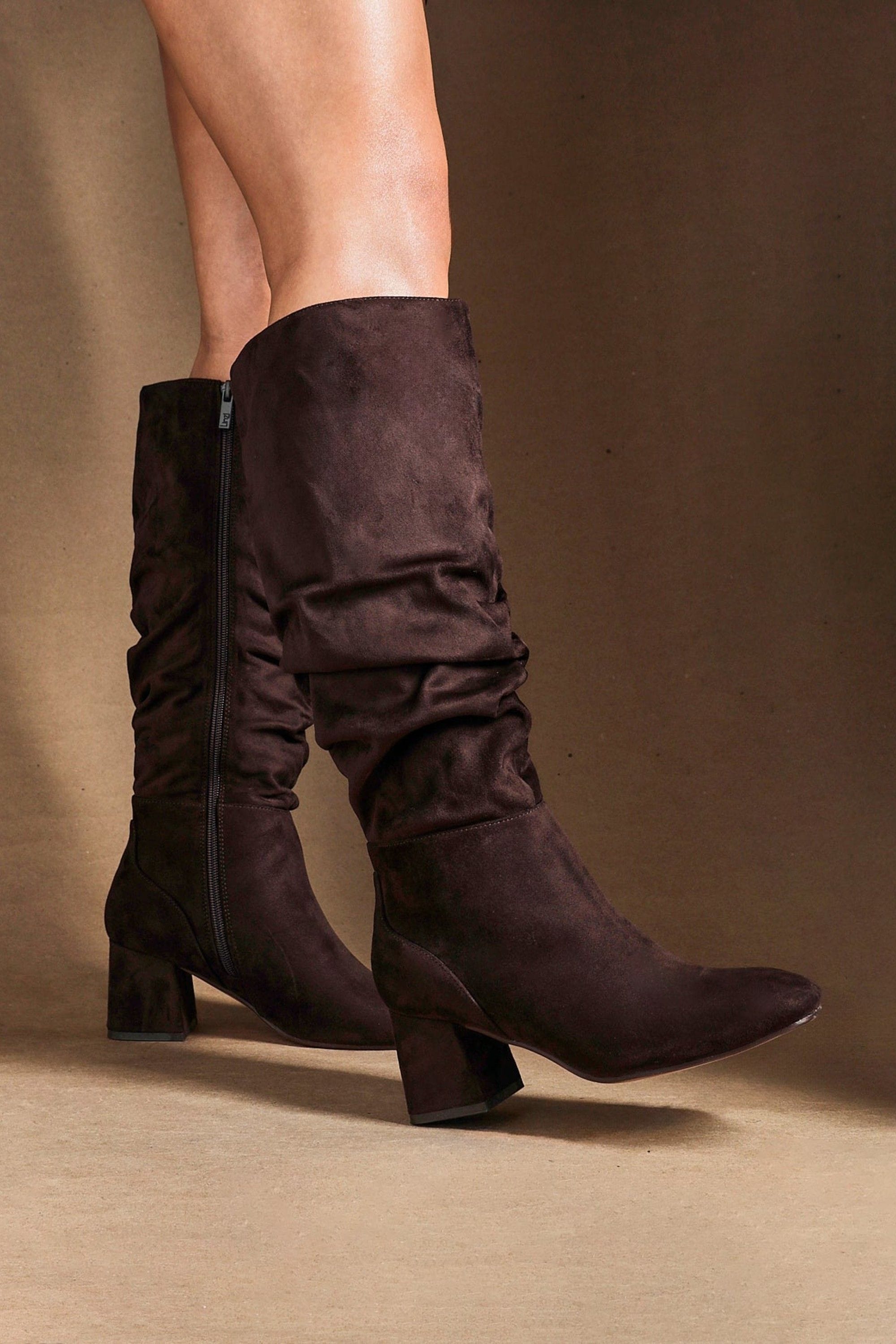 Linzi Inferno Wide Fit Brown Faux Suede Ruched Long Heeled Boot image 2