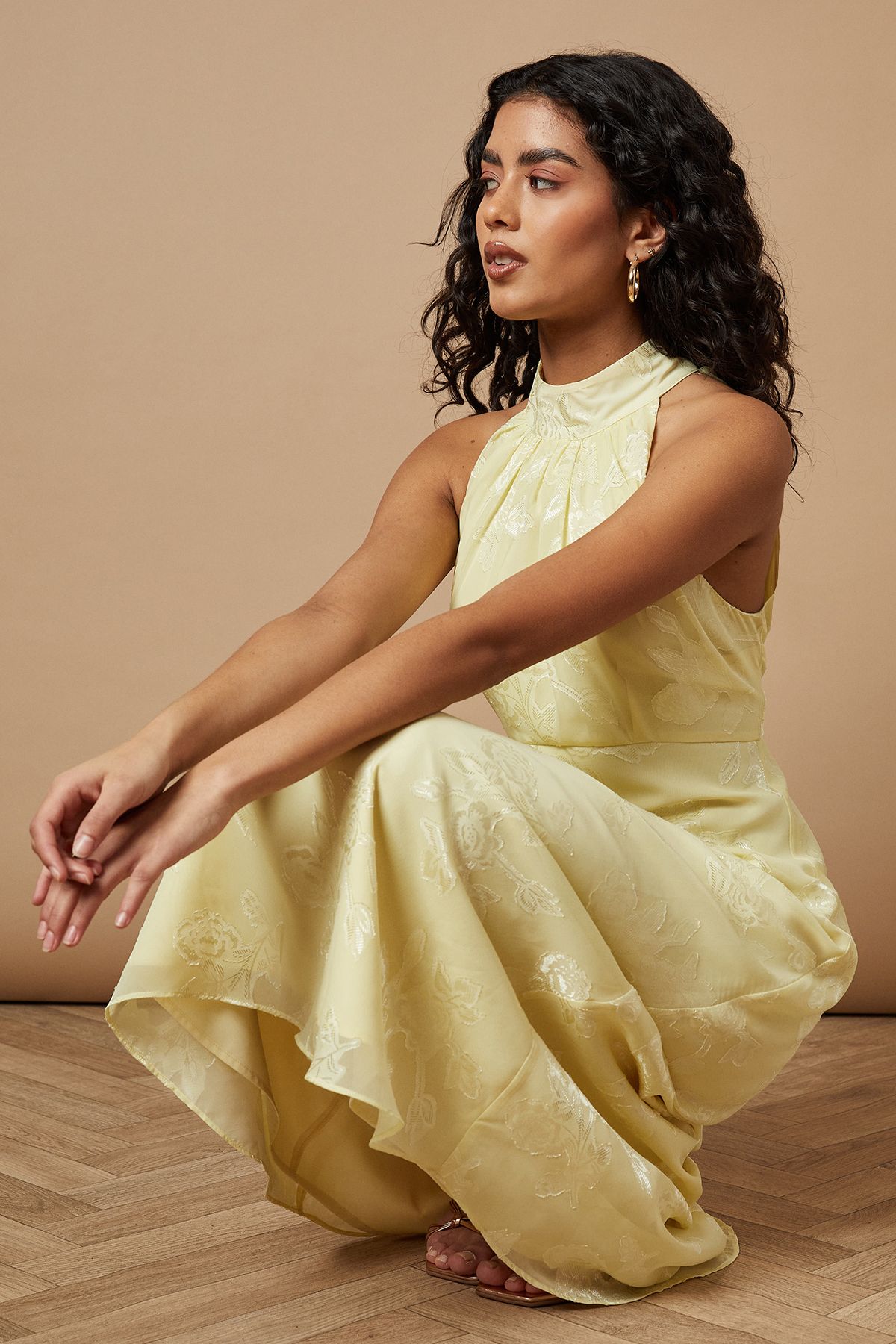 Oasis Petite Plain Satin Burnout Halterneck Midi Dress Butter image 2