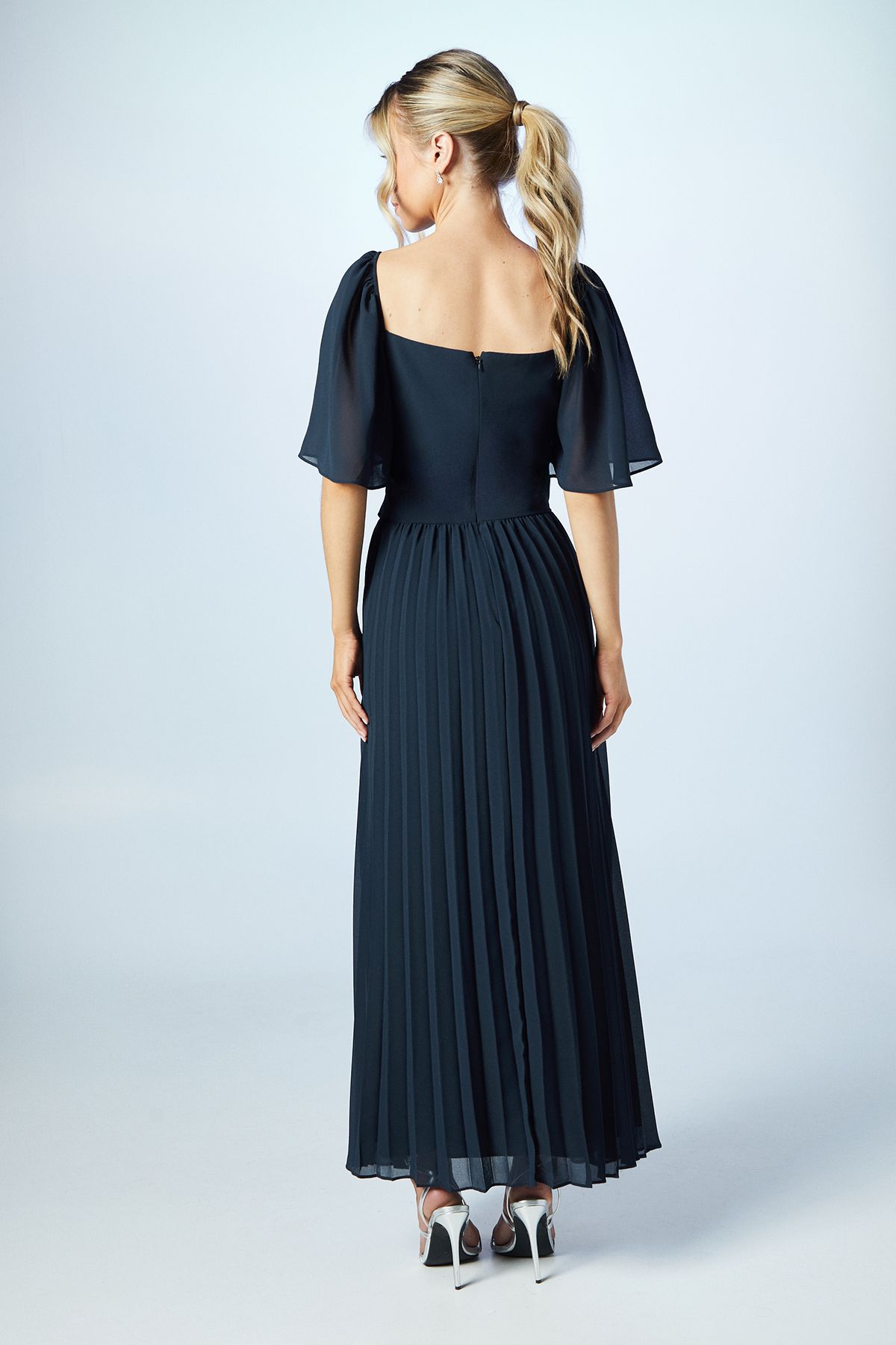 Coast Teen Pleated Georgette Angel Sleeve Bridesmaid Dress Navy image 4